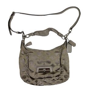 COACH Kristin Classic Logo Purse Hobo Crossbody Beige Opal Satin Fabric Leather